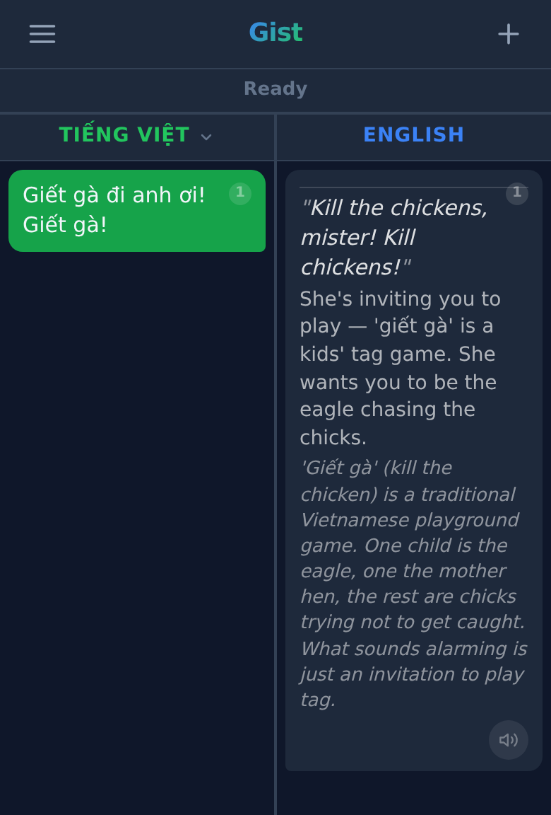 Gist interpreting 'Giết gà' — a Vietnamese kids' game that literally translates as 'Kill the chickens' — showing cultural context that Google Translate misses